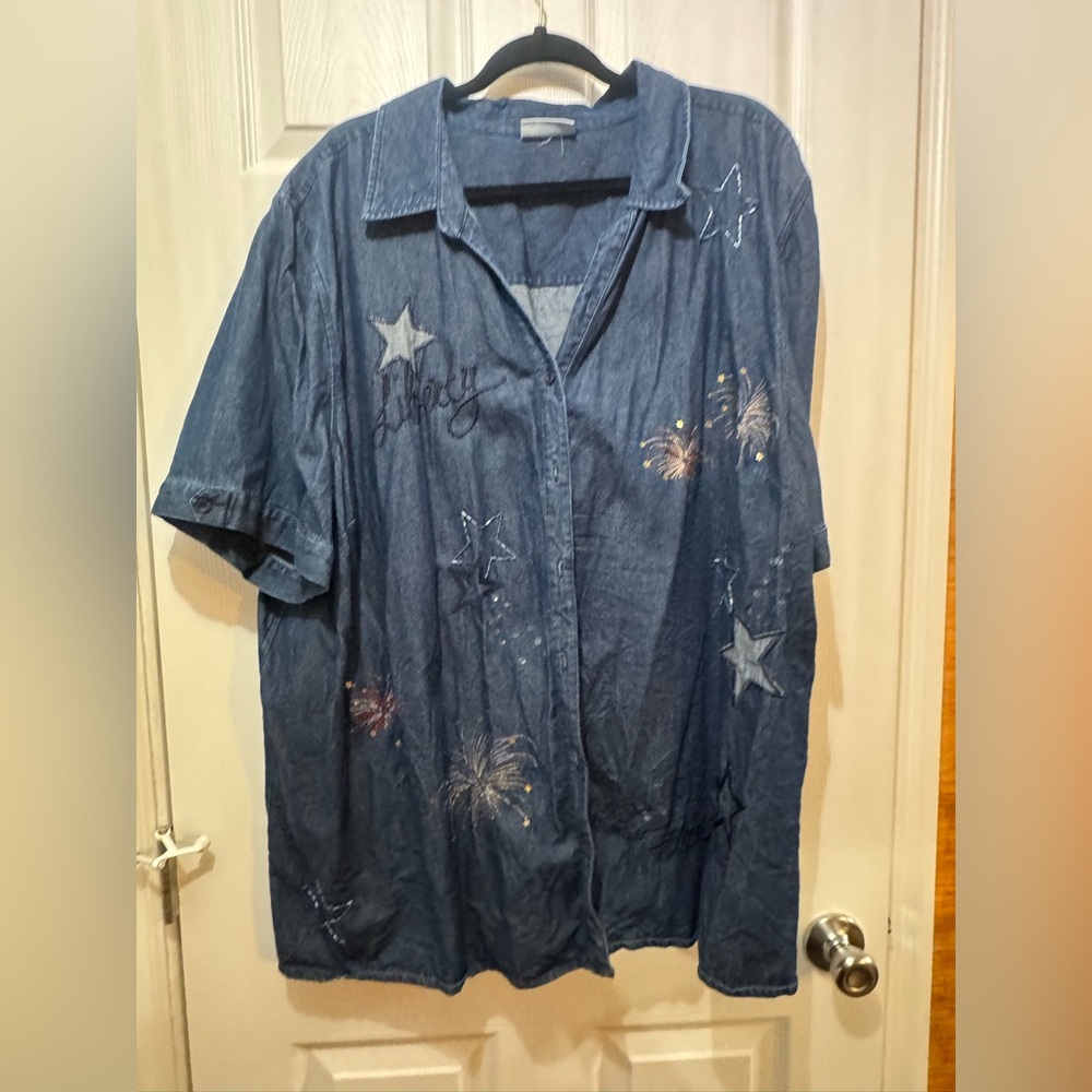 Quacker Factory Denim Blue Star Embroidered Shirt